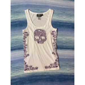 Harley-Davidson Sugar Skull Ribbed Tank Top Womens Large White Purple Floral